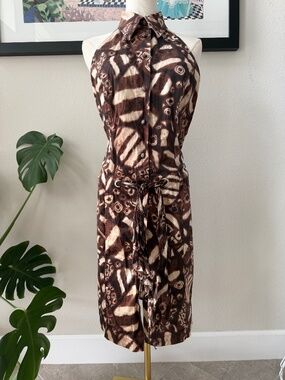 Escada Carrie Bradshaw-esque Backless Abstract Brown Print Collared Dress 42